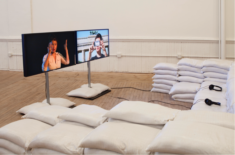 Is the Museum a Battlefield?, 2013, Two channel HD video with sound, 40 mins, Courtesy of the artist, Installation view from  Hito Steyerl, Artists Space, 2015