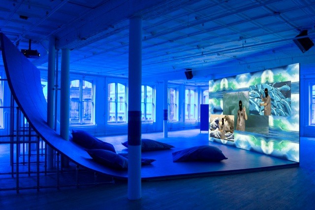 Installation view of "Hito Steyerl" showing Liquidity, Inc.. Photo: Courtesy of Artists Space.