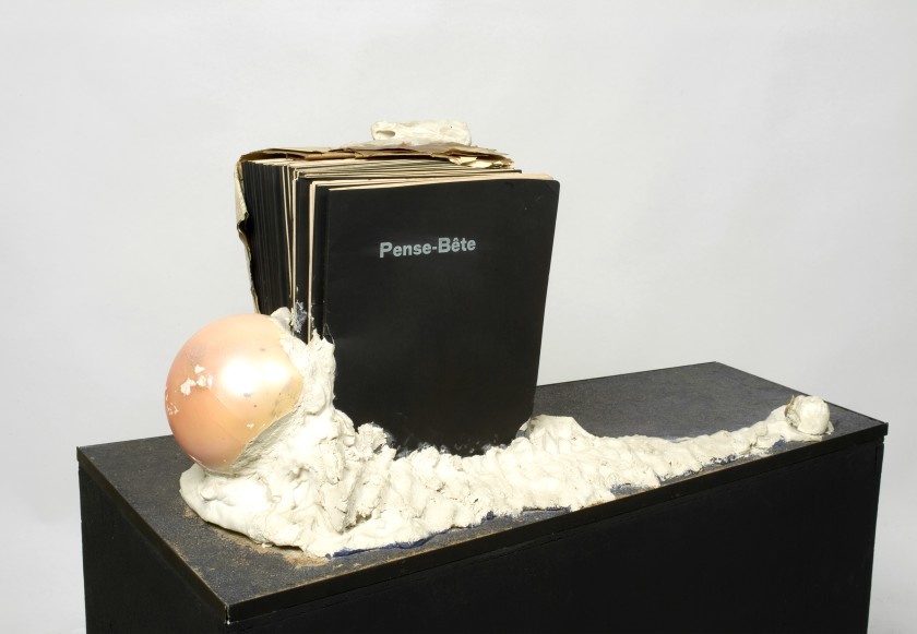 Marcel Broodthaers (Belgian, 1924–1976). Pense-Bête (Memory aid). 1964. Books, paper, plaster, and plastic balls on wood base, without base: 11 13/16 × 33 1/4 × 16 15/16 in. (30 × 84.5 × 43 cm). Collection Flemish Community, long-term loan S.M.A.K. © 2016 Estate of Marcel Broodthaers / Artists Rights Society (ARS), New York / SABAM, Brussels