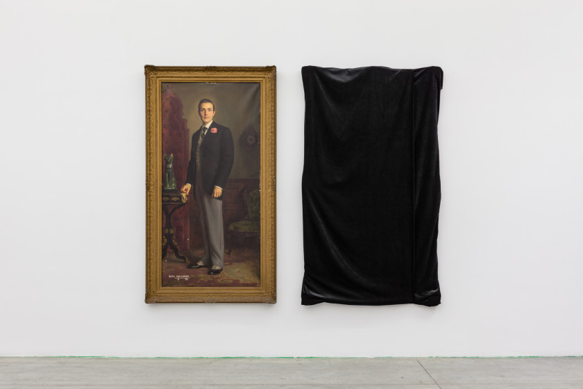 Installation view: (left) Henrique Medina, Portrait of Hurd Hatfield as Dorian Gray, 1945. Oil on canvas. Private collection (right) Cindy Sherman, The Evil Twin, 2016. Hidden painting, black velvet. Courtesy of the artist