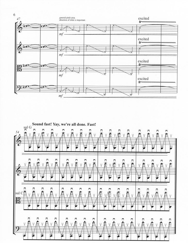 Raven Chacon (b. 1977 in Fort Defiance, Navajo Nation, Arizona; lives in Albuquerque, New Mexico). Native American Composers Apprentice Project, 2004-present. Workshop, scores and performance. Score for string quartet [excerpt], Celeste Lansing, Pink Thunder (2009)