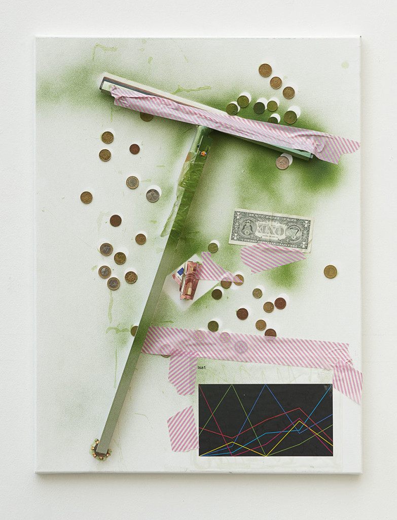 Untitled, 2016, Isa Genzken, Window scraper, bills, coins, printed paper, tape, spray paint on canvas. 60 x 50.5 cm / 23 5/8 x 19 7/8 in. Courtesy the artist, Hauser & Wirth and Galerie Buchholz Cologne / Berlin / New York. © Artists Rights Society (ARS) New York / VG Bild-Kunst, Bonn. Photo: Nick Ash