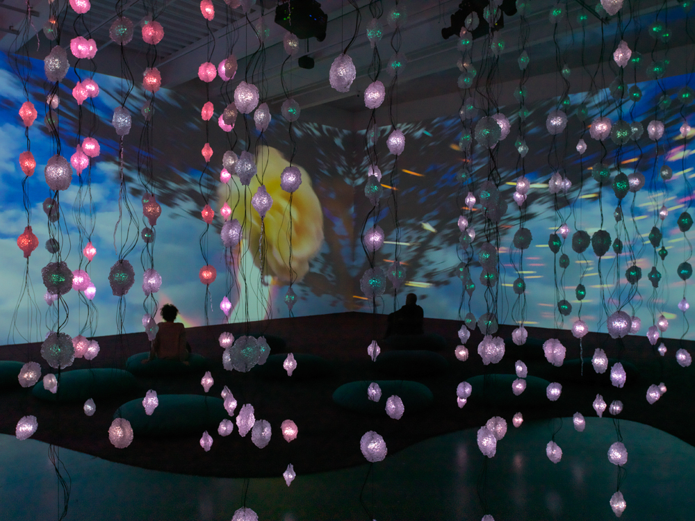 Pipilotti Rist, Worry Will Vanish Horizon, 2014. Two-channel video and sound installation, color, with carpet and pillows; 10:25 min. Dimensions variable. Sound by Anders Guggisberg. Courtesy the artist, Hauser & Wirth, and Luhring Augustine. Installation photo: Maris Hutchinson / EPW Studio, courtesy New Museum. 