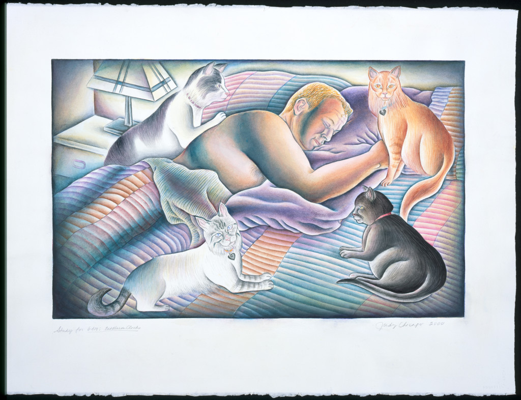 Judy Chicago, 6 AM: Cat Alarm Clocks from Kitty City, 2000, watercolor on Arches, 22 x 30 in. © Judy Chicago. Photo: Donald Woodman 