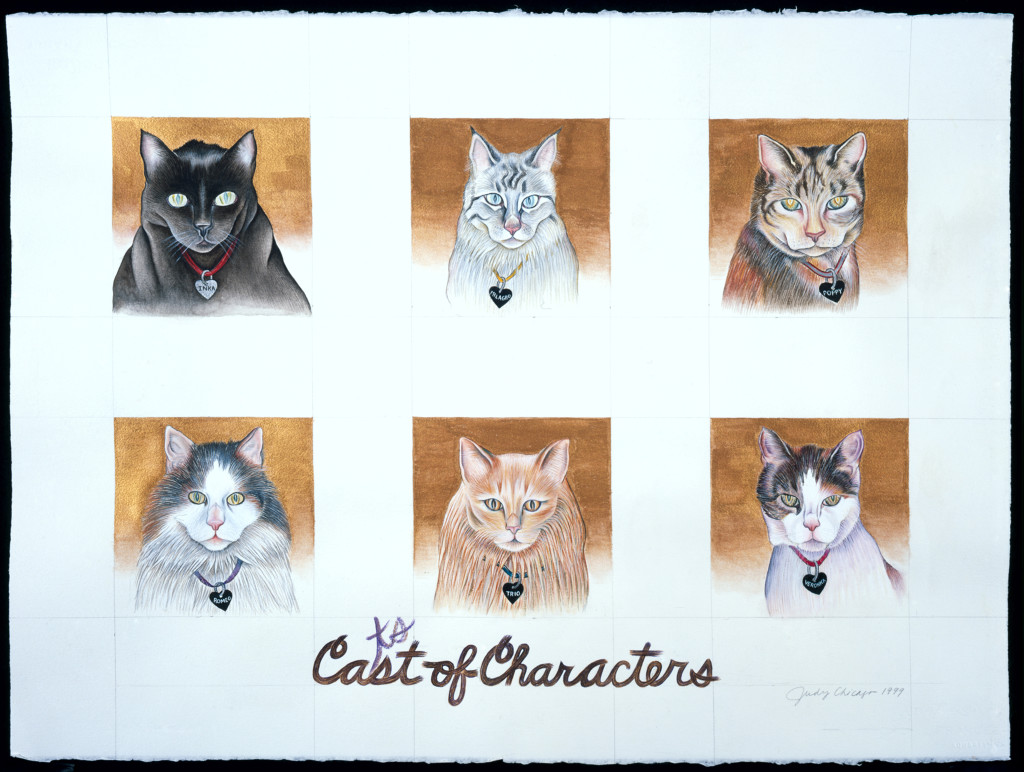 Judy Chicago, Ca(ts)st of Characters from Kitty City, 1999, watercolor, white tempera and gouache on Arches, 22 x 30 in. © Judy Chicago. Photo: Donald Woodman 