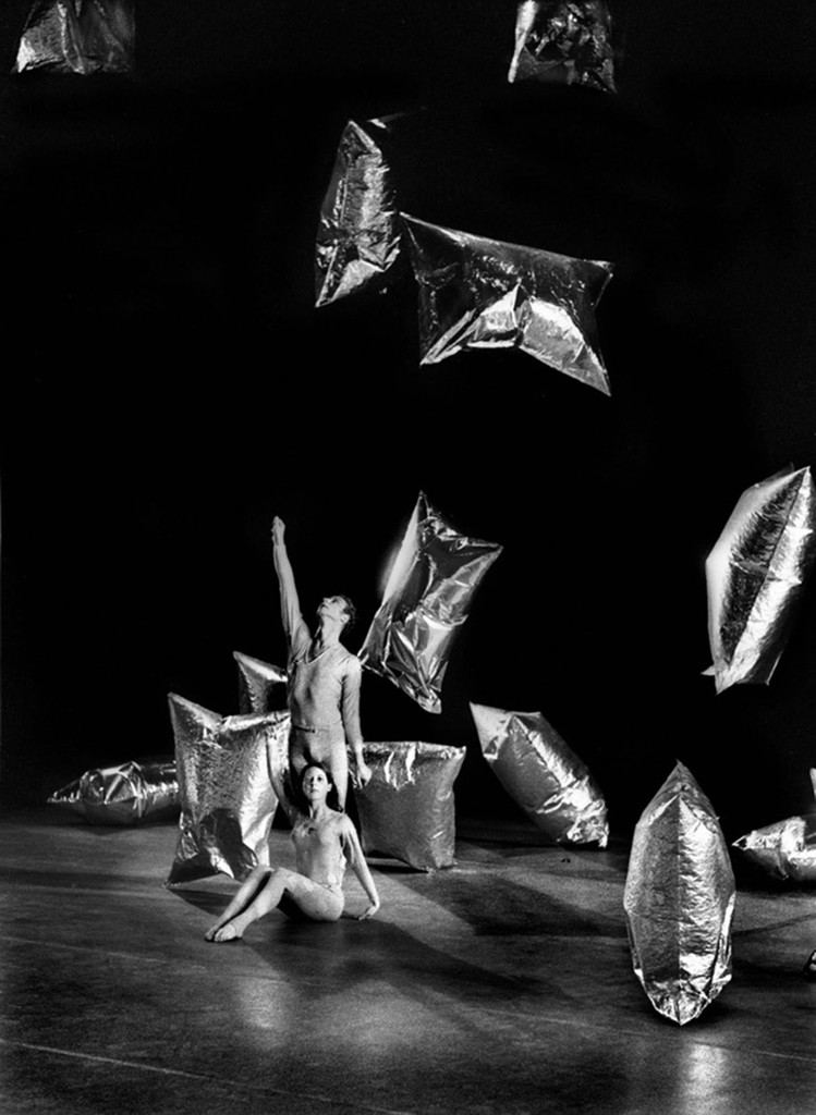 Merce Cunningham and Meg Harper onstage with Andy Warhol Silver Clouds as part of RainForest, April 1969, New York City. Photo by James Klosty