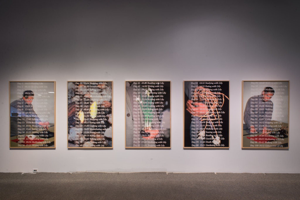 Lee Mingwei, 100 Days with Lily (series), 1995 / 2017. Silver dye bleach prints (ilfochrome); 5 pieces, 65.6 x 45.3 in each. Image courtesy of the artist and Honolulu Biennial Foundation. Photo credit: Chris Rohrer 