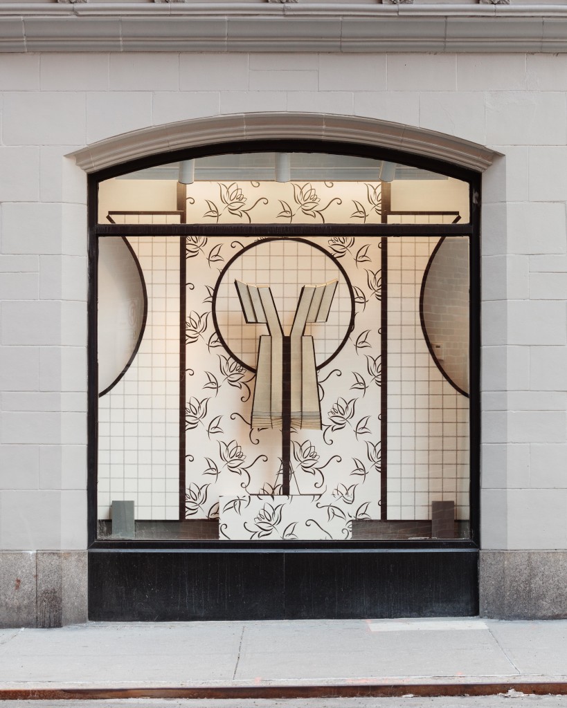 Installation view, Window Dressing at 80WSE, New York University, 2014. Window Dressing: Background 4, Apron VI, 2003/07, gatorboard, wood, enamel, wallpaper, marker, spunbond polyester, aluminum, and Mylar fabric. Courtesy of the artist, JTT, New York and Corbett vs. Dempsey, Chicago. Photo: Charles Benton 