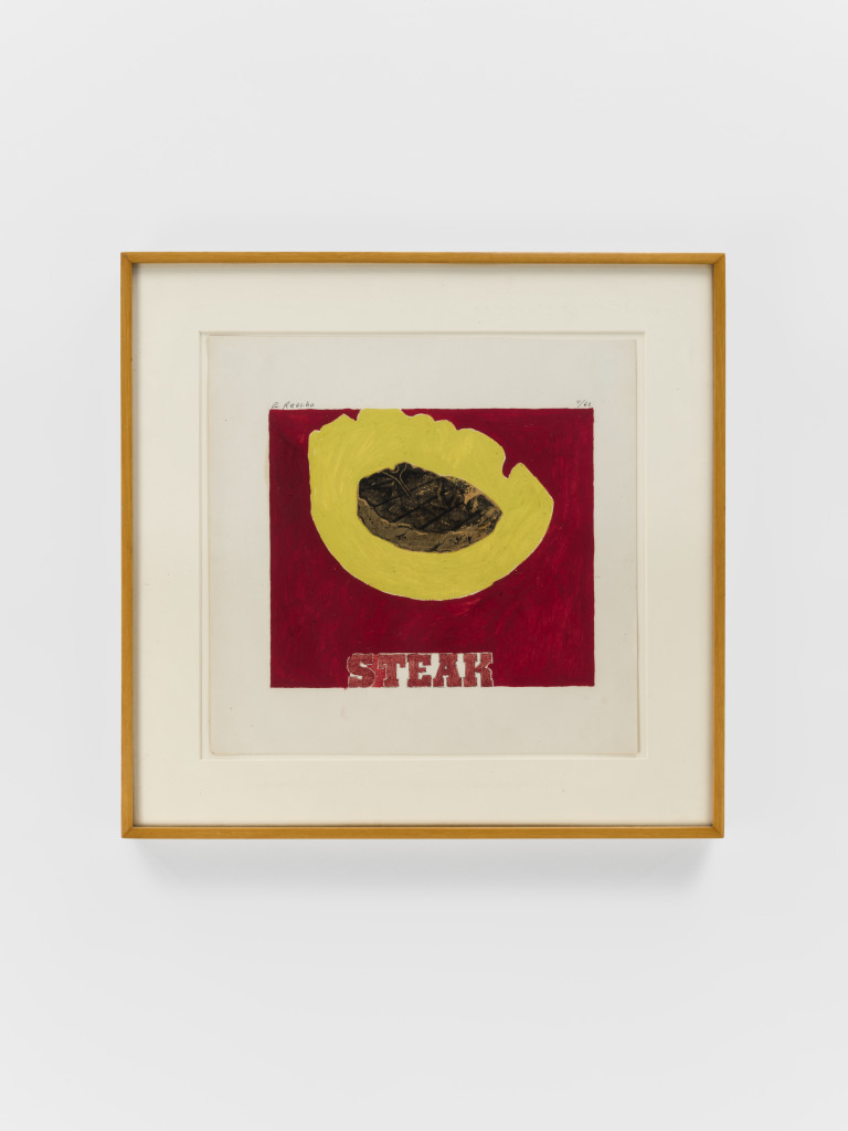 Ed Ruscha, Steak , 1962, Oil and collage on paper 11 3/4 x 12 inches, Photograph by Matthew Kroening, Courtesy of Almine Rech Gallery