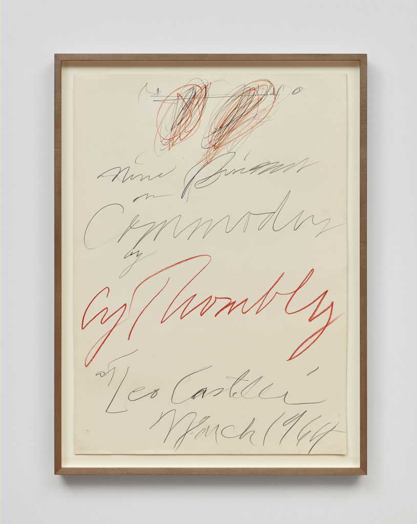 Cy Twombly, Drawing for ‘Nine Discourses on Commodus by Cy Twombly at Leo Castelli’ , 1964, Colored pencil and graphite on paper 27 3/8 x 19 5/8 inches, Photograph by Matthew Kroening, Courtesy of Almine Rech Gallery