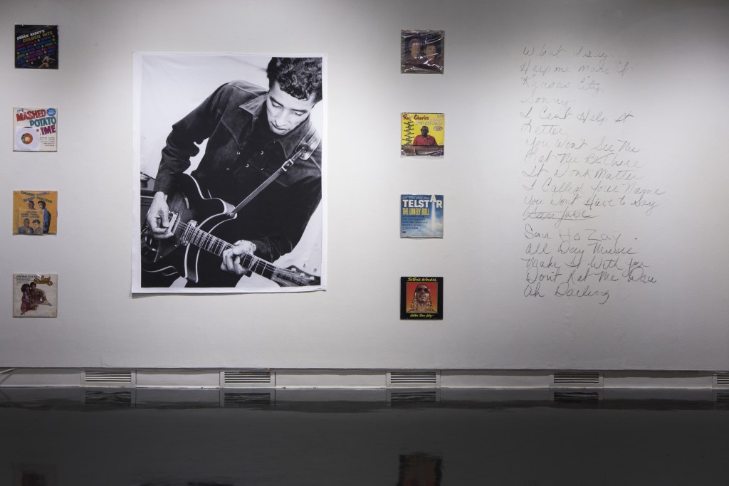 Vinyl Records, Photo of Wallace Red Star., Jr., and Drawn Set List, Wendy Red Star: The Maniacs (We're Not The Best, But We're Better Than The Rest), University Art Gallery, New Mexico State University. Photo Courtesy of Mónica Martínez. 