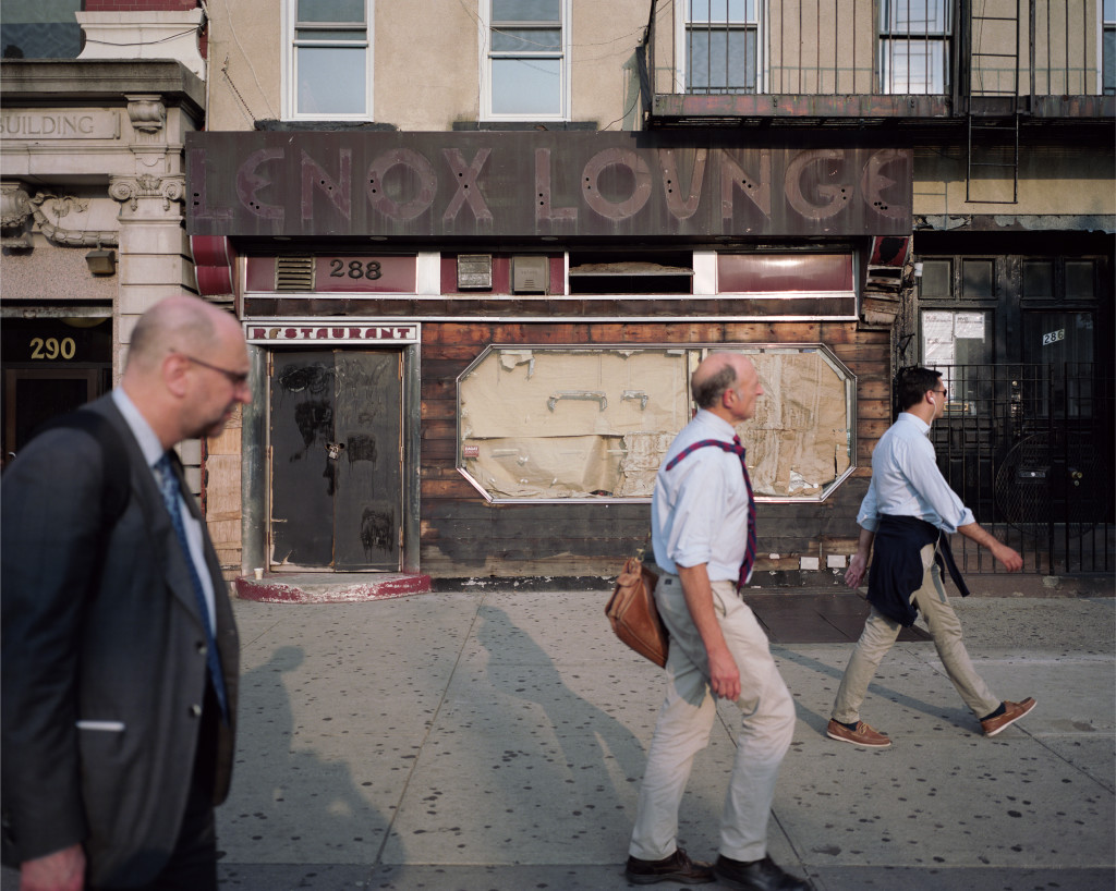 Dawoud Bey, Three Men and the Lenox Lounge, 2014. 40 x 48 inches, Archival pigment print on dibond. Courtesy of the artist, Stephen Daiter Gallery, and Rena Bransten Gallery from Harlem Redux.